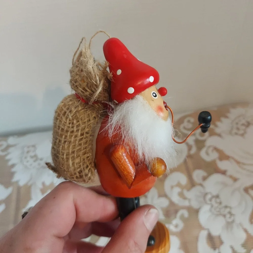 Vintage Wooden Incense Smoker Gnome Santa Figurine Red Mushroom Hat 6
